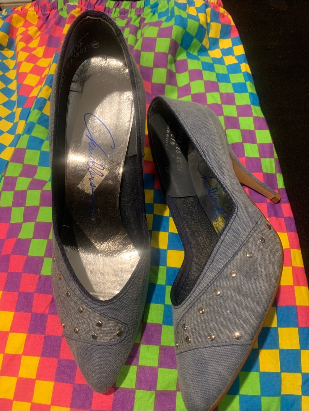 Chandlers Denim Pointed-Toe Studded Heels